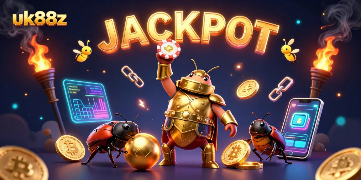uk88z celebrates a big win with a hercules beetle in victory pose amidst vibrant crypto casino elements