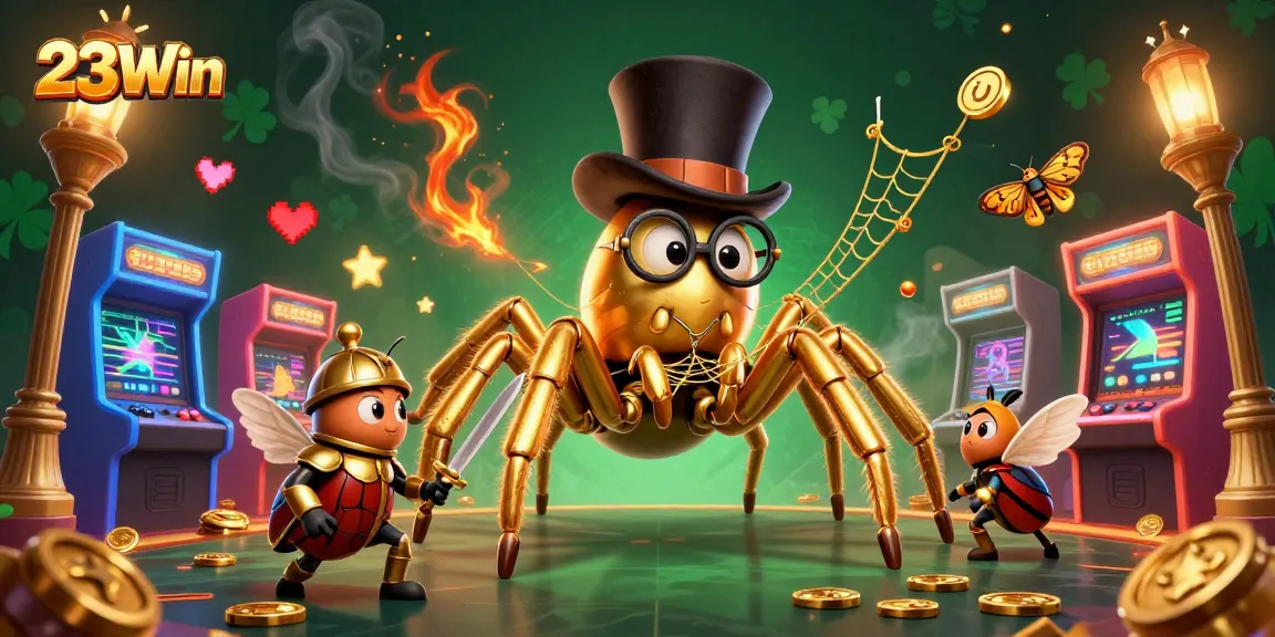 Witness the thrilling adventures of 23Win, where a golden tarantula and courageous beetle knight embark on a vibrant casino gaming journey.