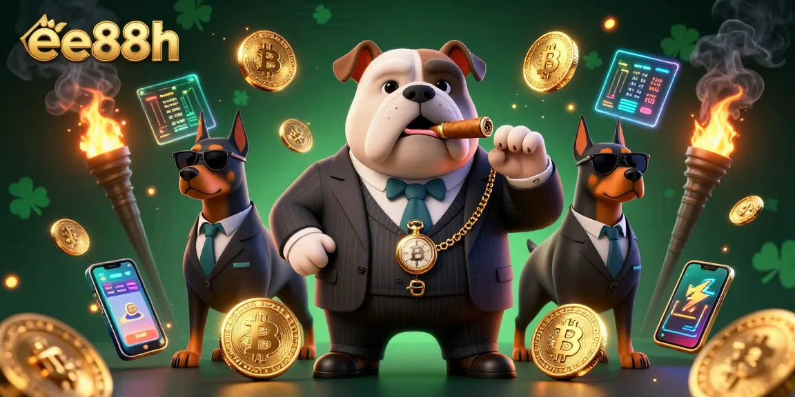 Experience thrilling casino action with ee88h in a vibrant, detailed 3D illustration showcasing a mafia bulldog and his Doberman bodyguards.