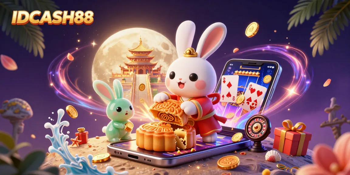 Spin and win with IDCASH88: A vibrant 3D scene featuring a moon rabbit, poker chips, and colorful slot games.