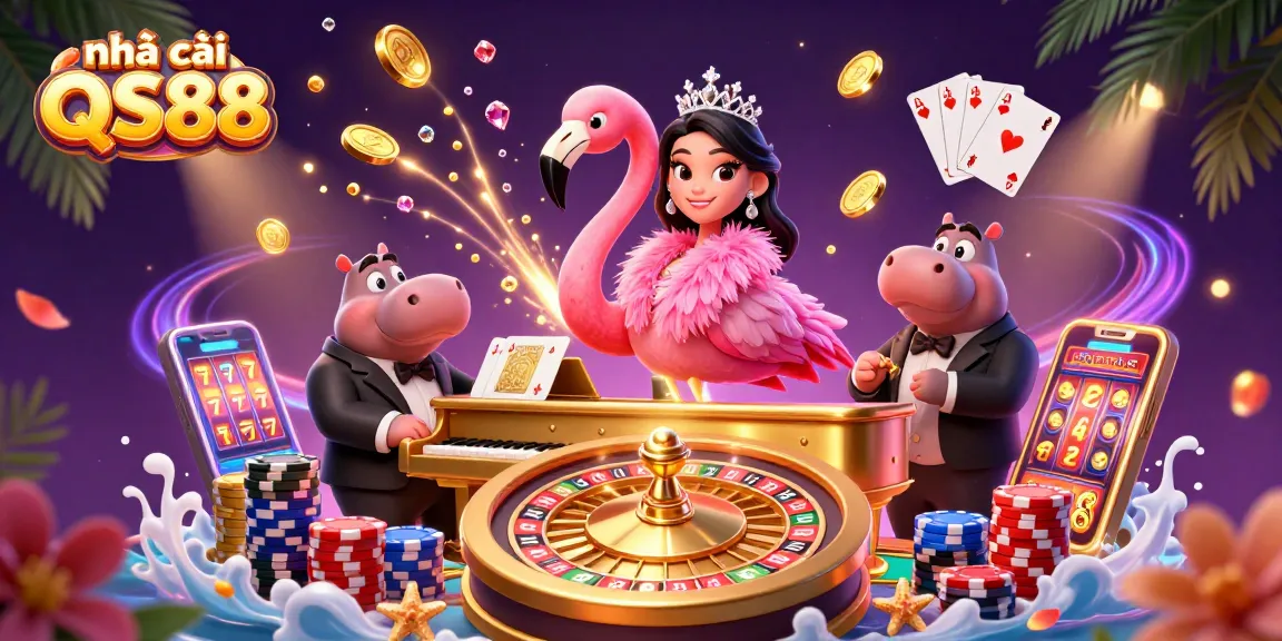 Experience cheerful gaming at nhà cái QS88 with vibrant casino characters and dynamic elements.