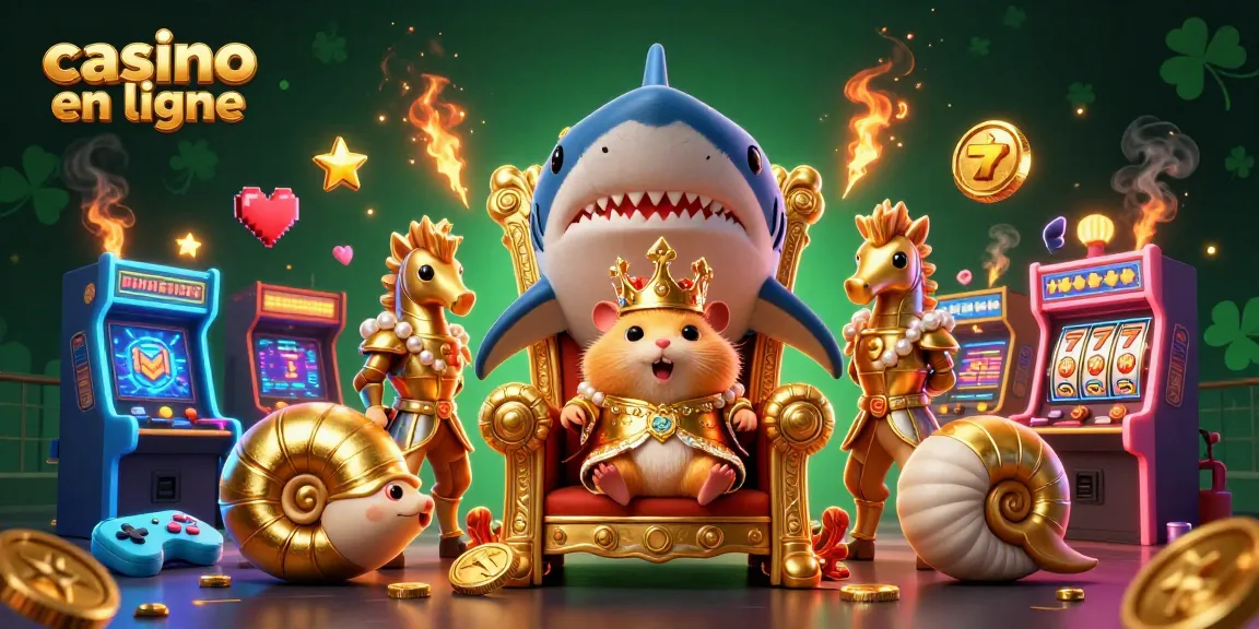 Illustration dynamique illustrant le roi hamster doré sur un trône en dents de mégalodon, mettant en avant le casino en ligne.