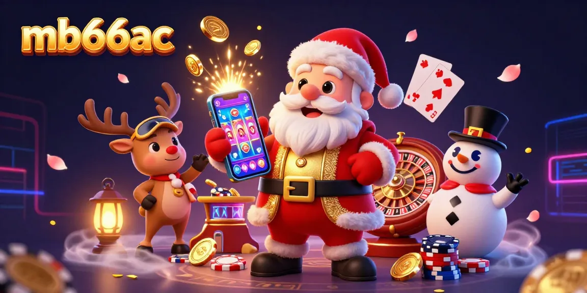 Spin colorful slots with mb66ac, featuring Santa and festive characters in an animated casino scene.