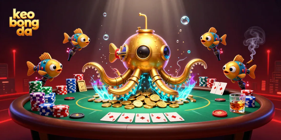 Engage in exciting keo bong da action with a golden kraken submarine surfacing amidst poker elements and glowing coins.