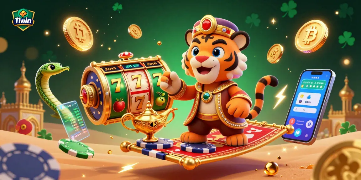 Experience the vibrant action at 11win with our Arabian-themed casino illustration showcasing slot reels and magical elements.
