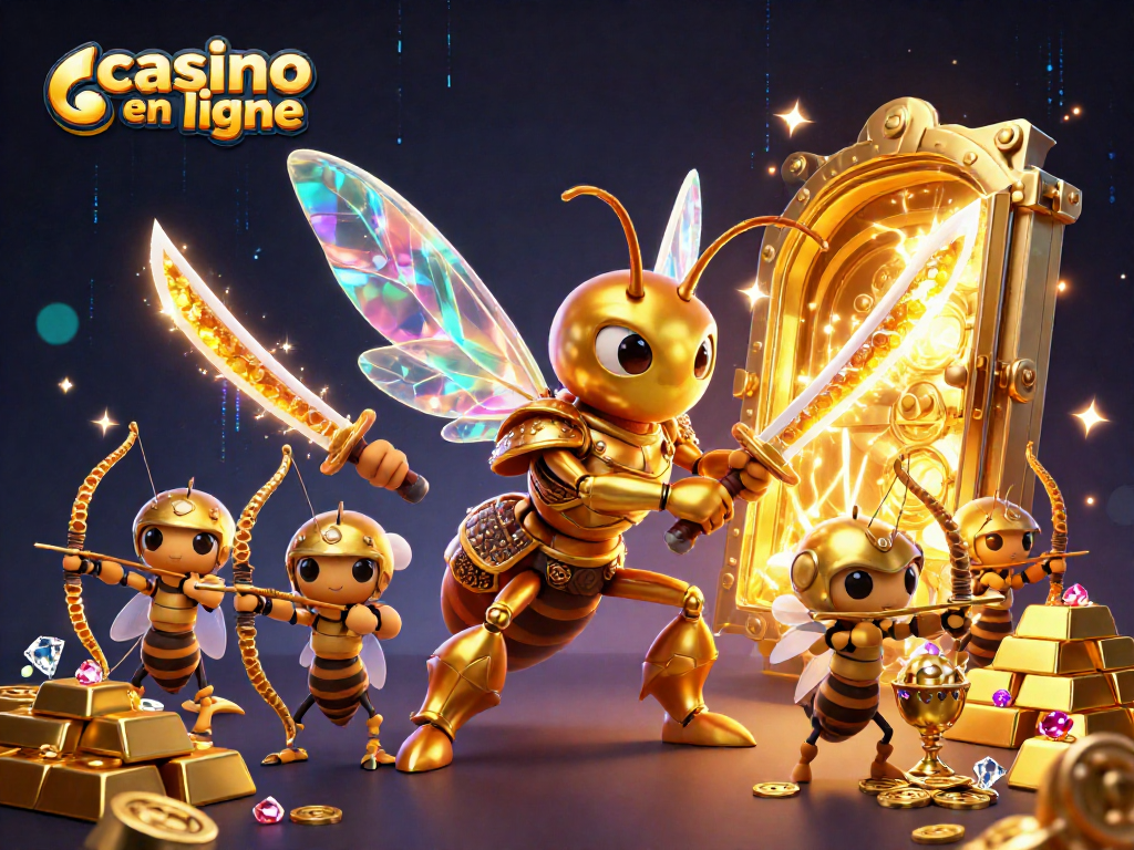 Jouez au casino en ligne avec des personnages et éléments lumineux, symbolisant la richesse.