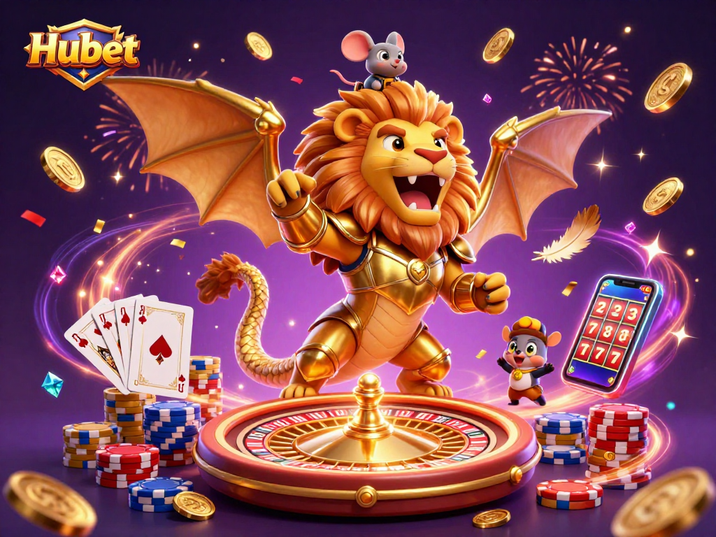 Experience the excitement of Hubet's gaming world with a colorful, dynamic 3D casino illustration.
