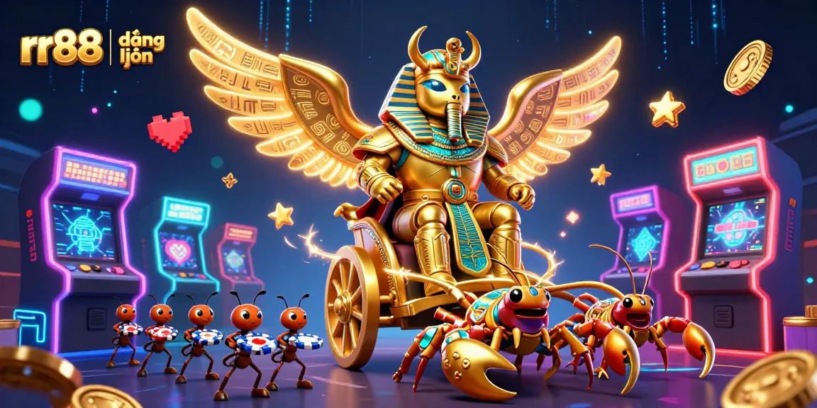 Enjoy a vibrant rr88 | đăng nhập experience with a thrilling casino scene featuring a golden scarab and scorpions.