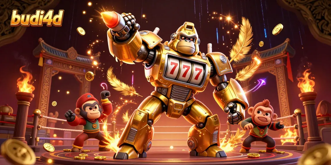 Engage with budi4d's thrilling slot action featuring a golden gorilla mech and vibrant game elements.