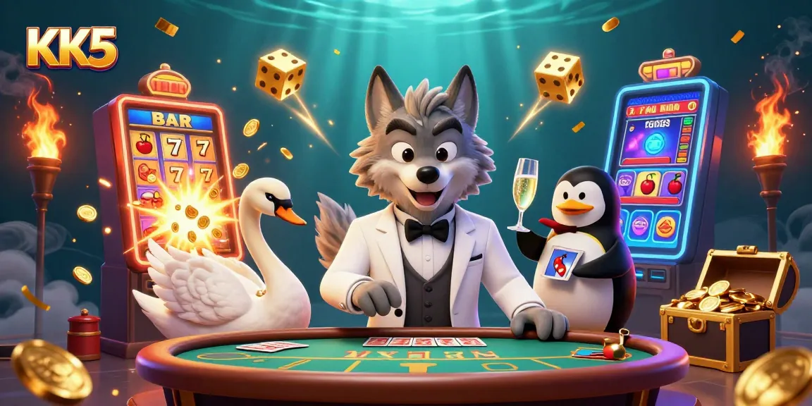 Experience KK5's thrilling jackpots with a 3D wolf, swan, and penguin in a casino scene.