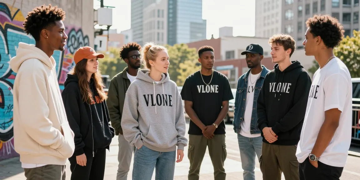Group of stylish individuals in Vlone apparel showcasing street fashion and urban culture, representing vlonehodie.