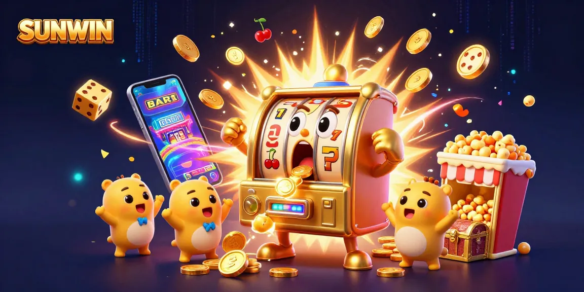 SUNWIN's vibrant slot machine scene bursting with coins, jackpots, and festive elements for casino excitement.