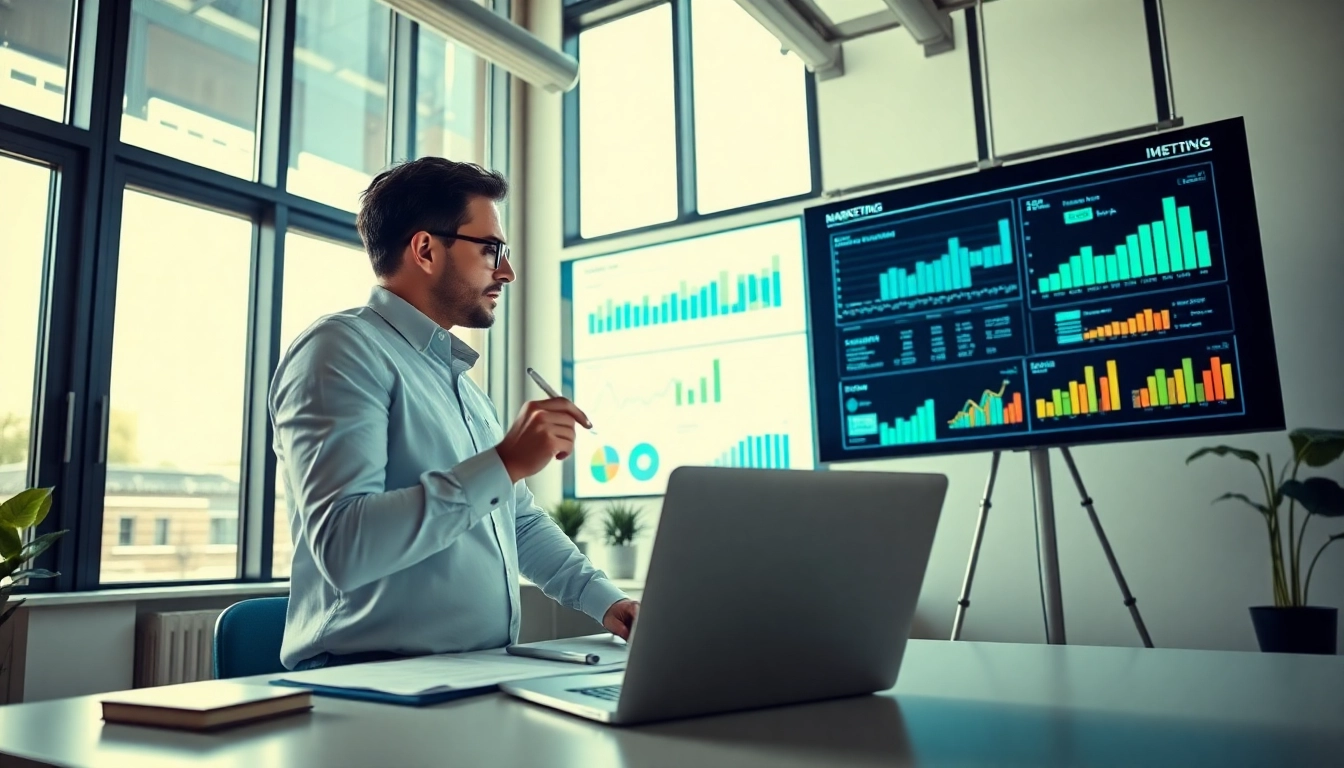 Marketing strategist analyzing data analytics in a bright office environment.