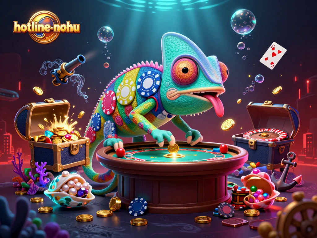 Engage with hotline-nohu in a vibrant 3D casino scene showcasing a chameleon casino owner with dynamic action and gambling elements.