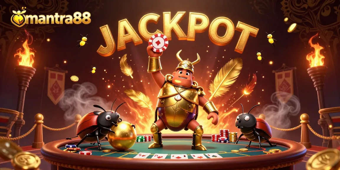 Experience the excitement of mantra88 as the beetle mascot lifts a poker chip in celebration.