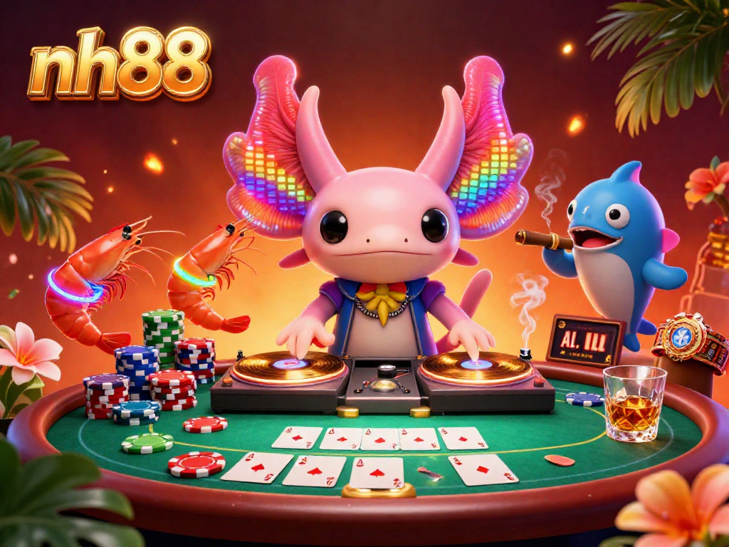 Capture the excitement at nh88 with a neon axolotl DJ spinning records in a vibrant casino scene.