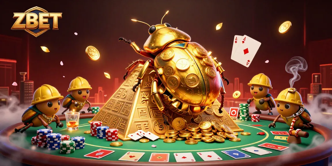 ZBET showcases a golden beetle rolling coins up a pyramid amidst poker chips and games, enhancing the gambling experience.