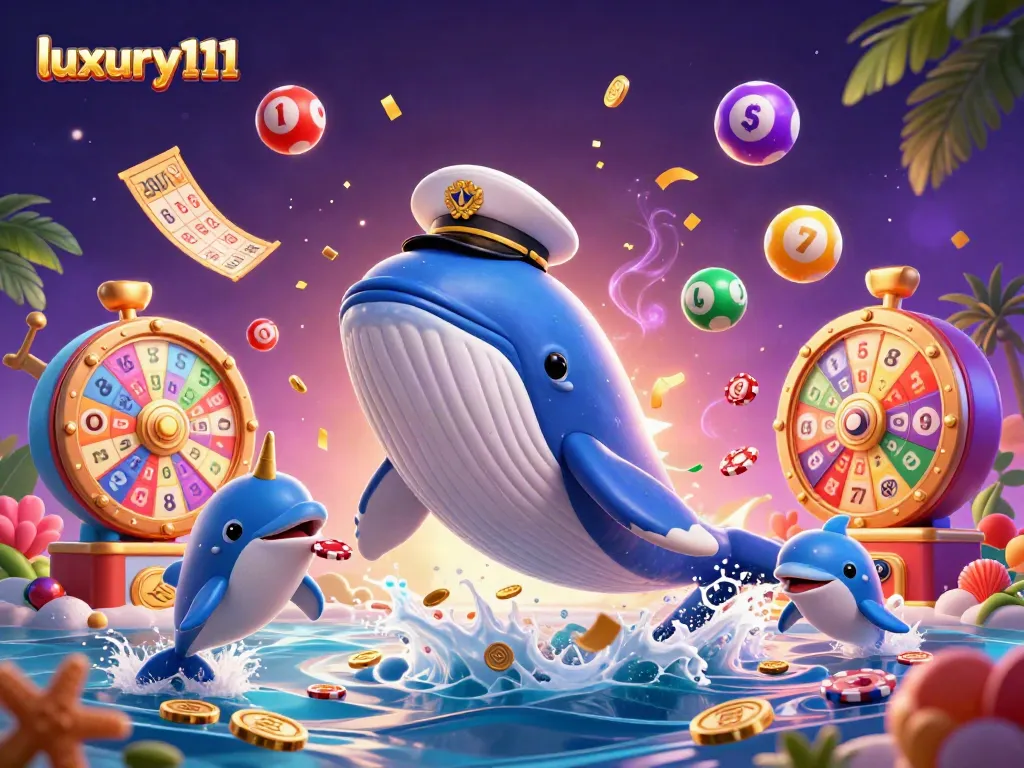 Experience luxury111 gaming with a cartoon whale breaching in coins and dolphins showcasing poker chips.