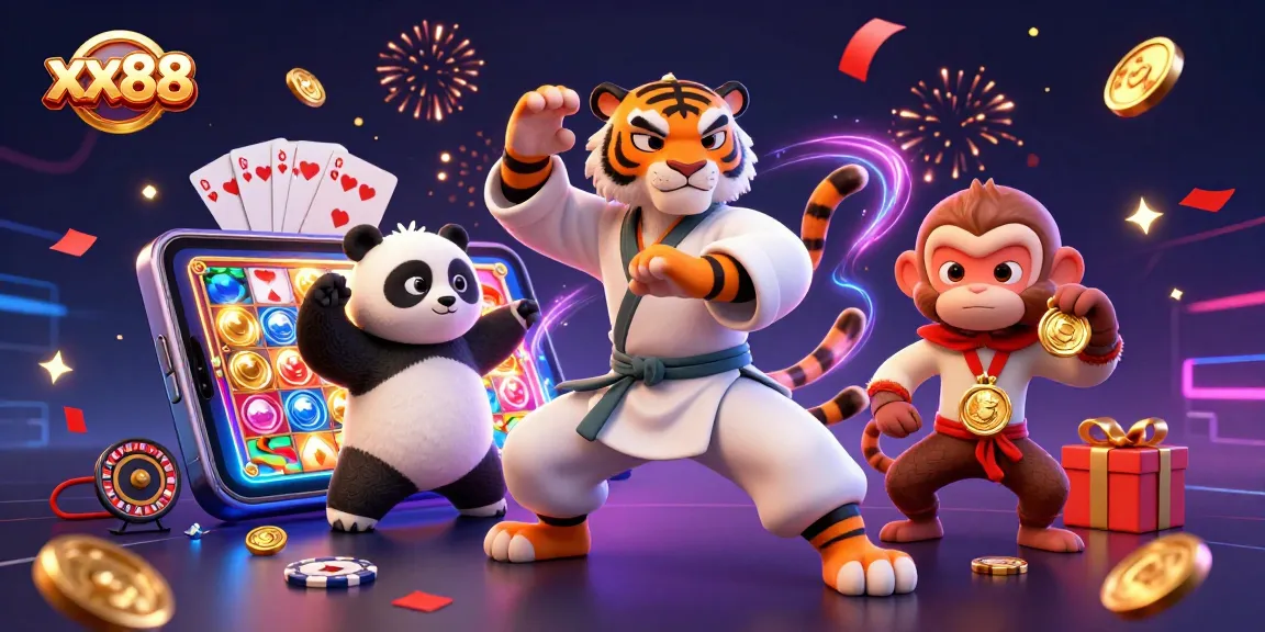 xx88 celebrates casino excitement with a kung fu tiger and panda playing games amidst coins and prizes