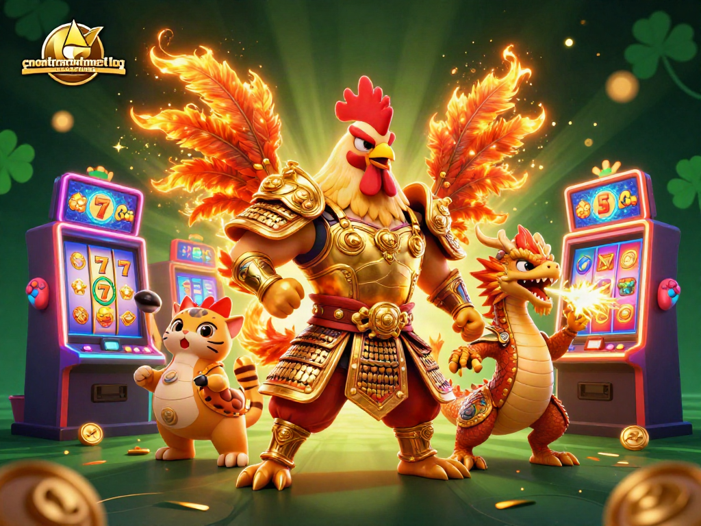 Spin the reels at cntryhomeassistedliving with a powerful rooster warrior and dragon amidst vibrant slot machines.