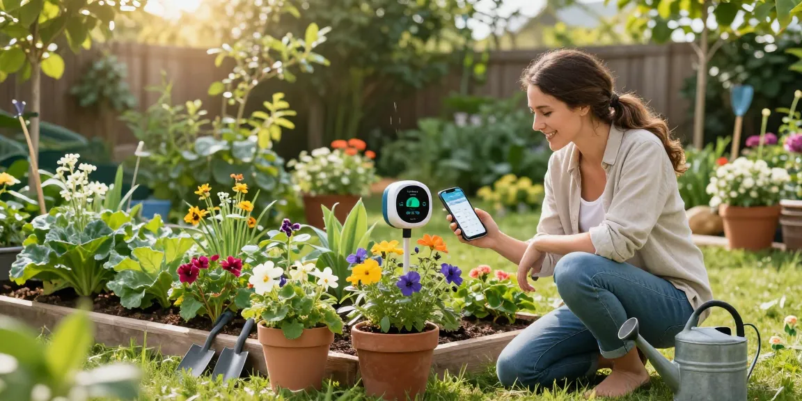 Homeowner using the rainpoint wifi water timer in a vibrant garden for efficient plant watering.