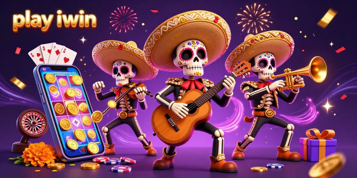 Play iwin in a lively mariachi-themed 3D casino illustration with festive elements and games.