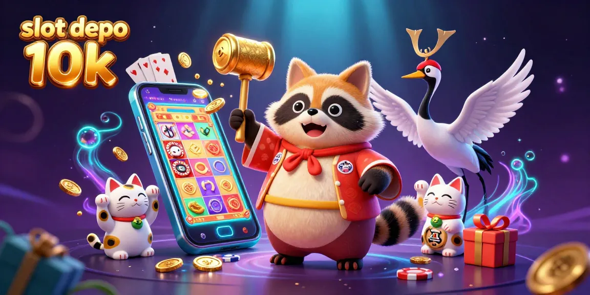 Engage with slot depo 10k in a vibrant 3D illustration featuring joyful characters and animated gaming elements.