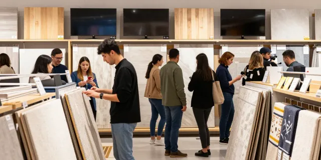 Shopsmart e-commerce shoppers exploring quality flooring options in a modern retail space.