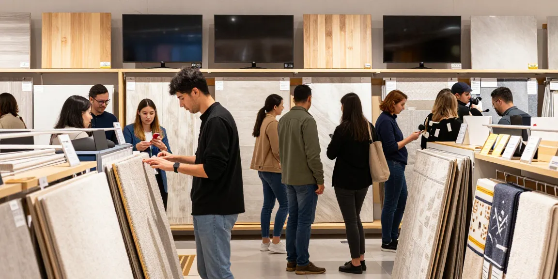 Shopsmart e-commerce shoppers exploring quality flooring options in a modern retail space.