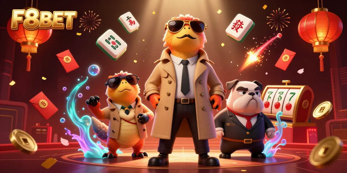 F8BET raptors in a trench coat attempt to access a VIP lounge amidst casino symbols and excitement