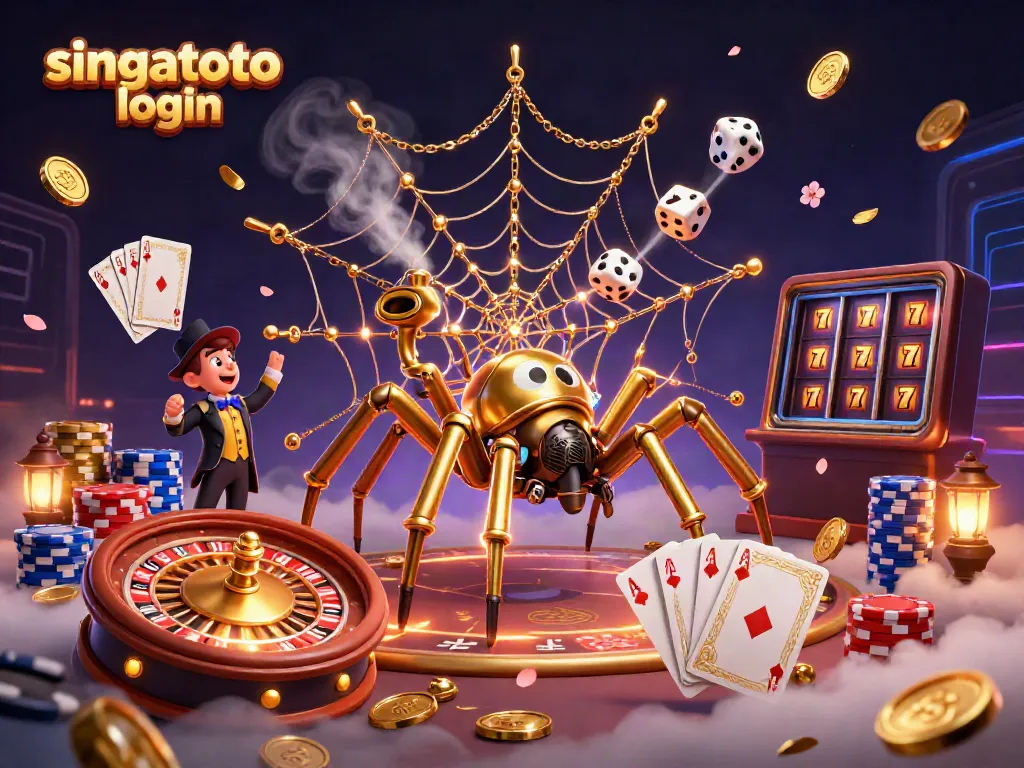 Experience the thrill of singatoto login in an enchanting casino scene featuring a golden spider catching dice.