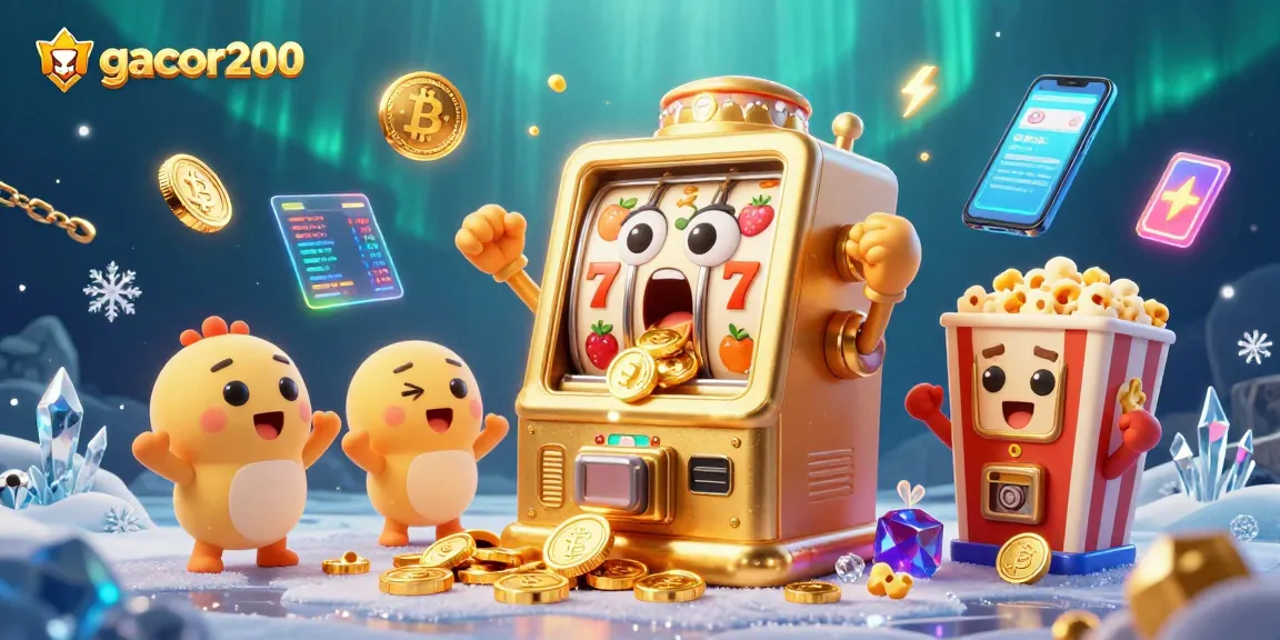 Gacor200 menghadirkan slot machine emas 3D yang meriah dengan jackpot dan koin berhamburan, menampilkan momen kemenangan.