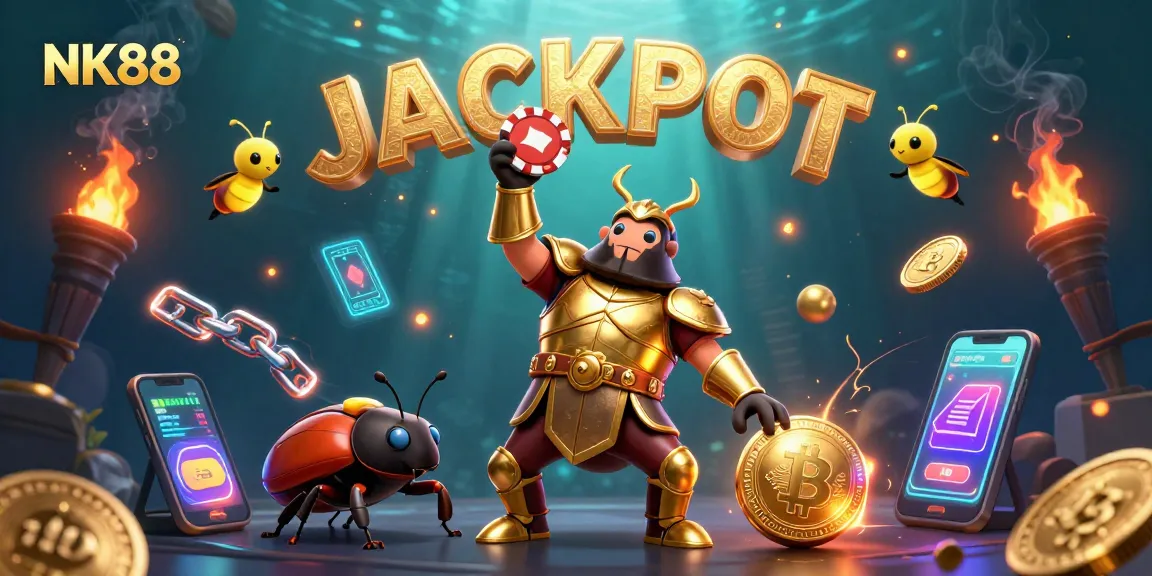 Celebrate big wins at NK88 with a vibrant jackpot scene featuring unique characters and exciting game elements.
