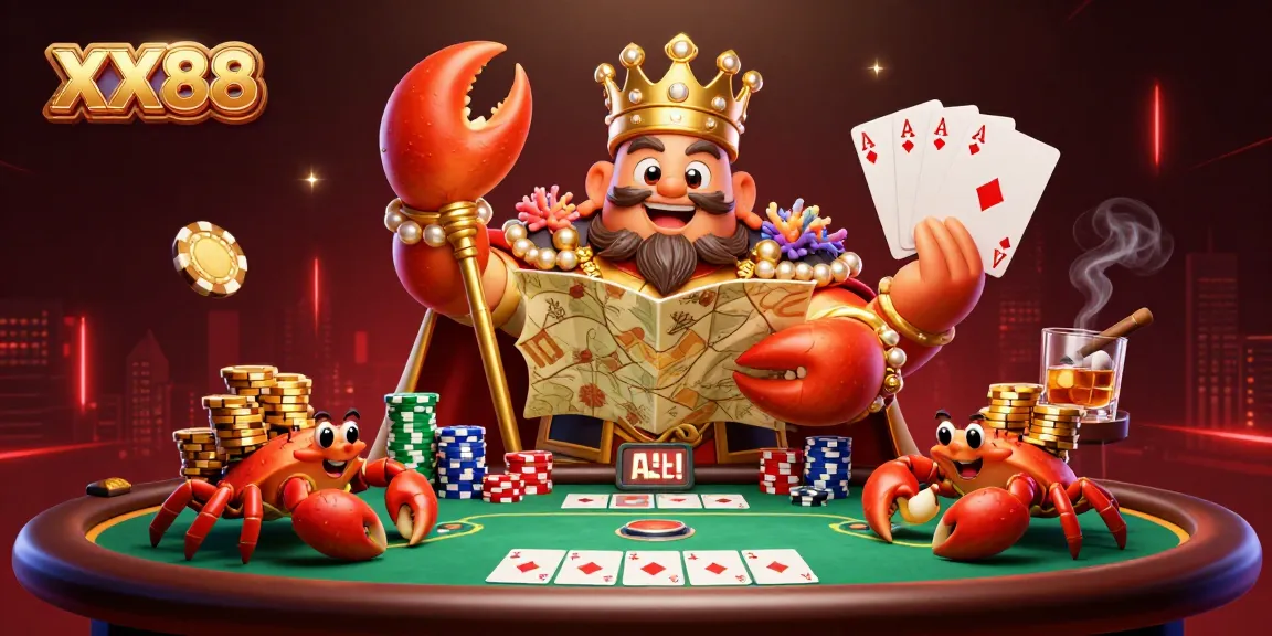 Engage in thrilling XL88 poker action with a golden crab emperor amidst vibrant casino elements.