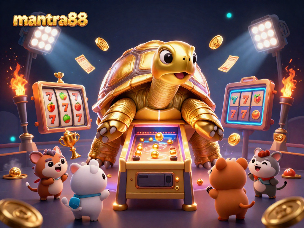 Experience the excitement of jackpot games at mantra88 with our thrilling 3D illustration of a golden tortoise slot machine in action.