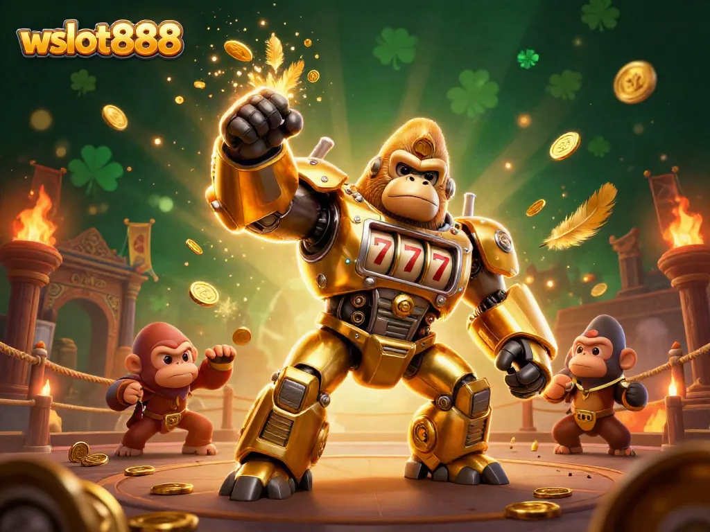 Permainan wslot888 menampilkan karakter gorilla emas dengan elemen mesin slot dan koin yang meledak saat menyerang.
