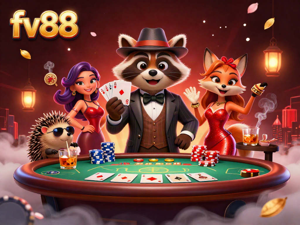 Experience high-stakes poker with FV88 featuring a raccoon in style and playfully vibrant scene.