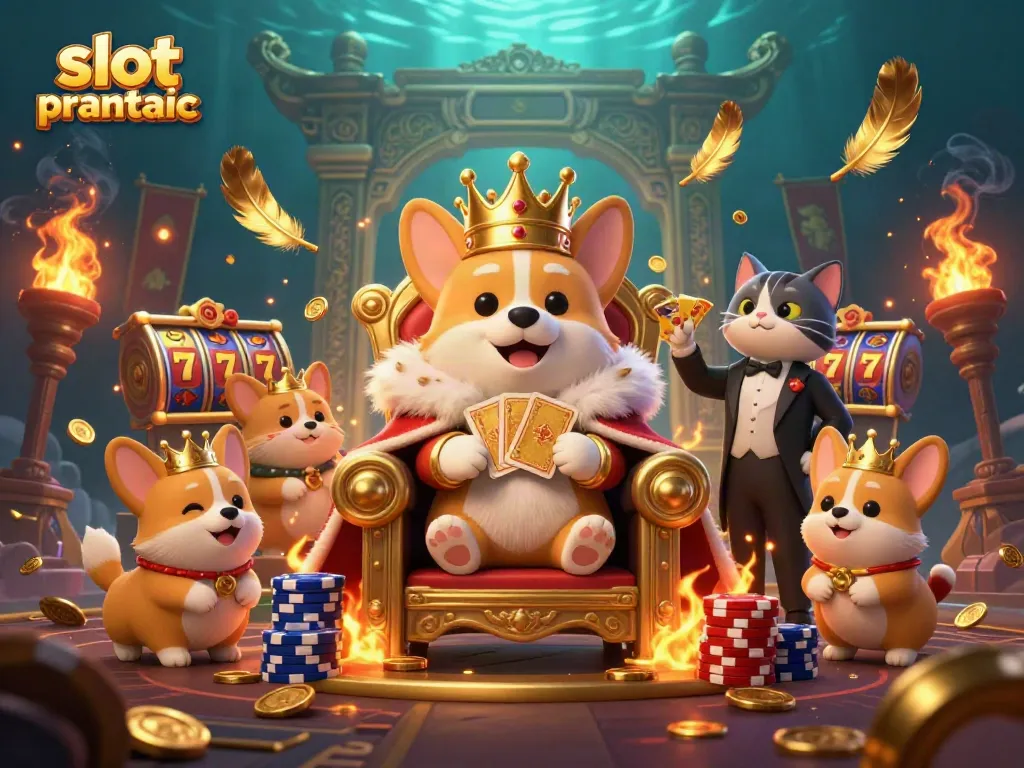 Experience the thrill of slot pragmatic games with royal corgis in a dynamic casino scene.