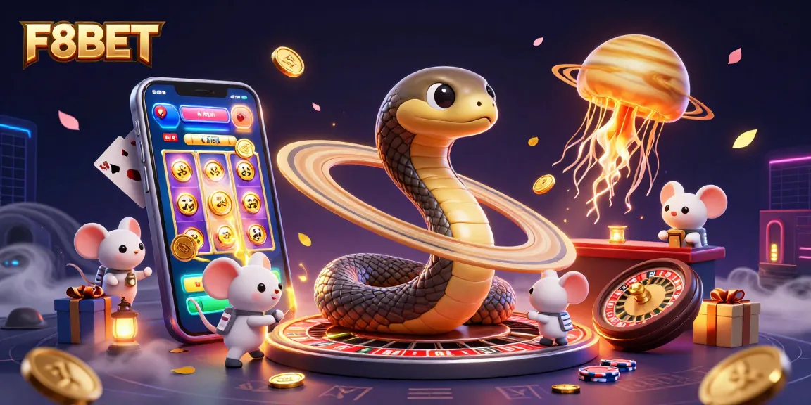 Experience F8BET's cosmic casino action with colorful slot games and dynamic betting scenes.