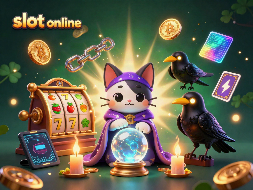 Experience thrilling slot online action with a mystical cat, raven, and vibrant gaming symbols.