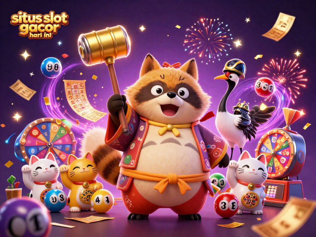situs slot gacor hari ini showcases a lively scene with a tanuki and maneki-neko celebrating casino wins.