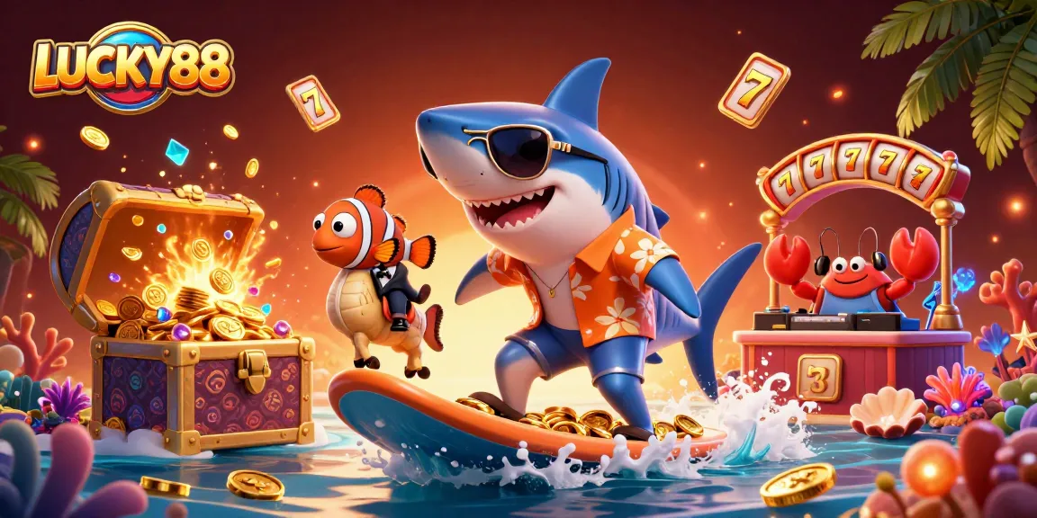 Engage in thrilling gaming at LUCKY88 with a vibrant scene featuring a shark and colorful characters.