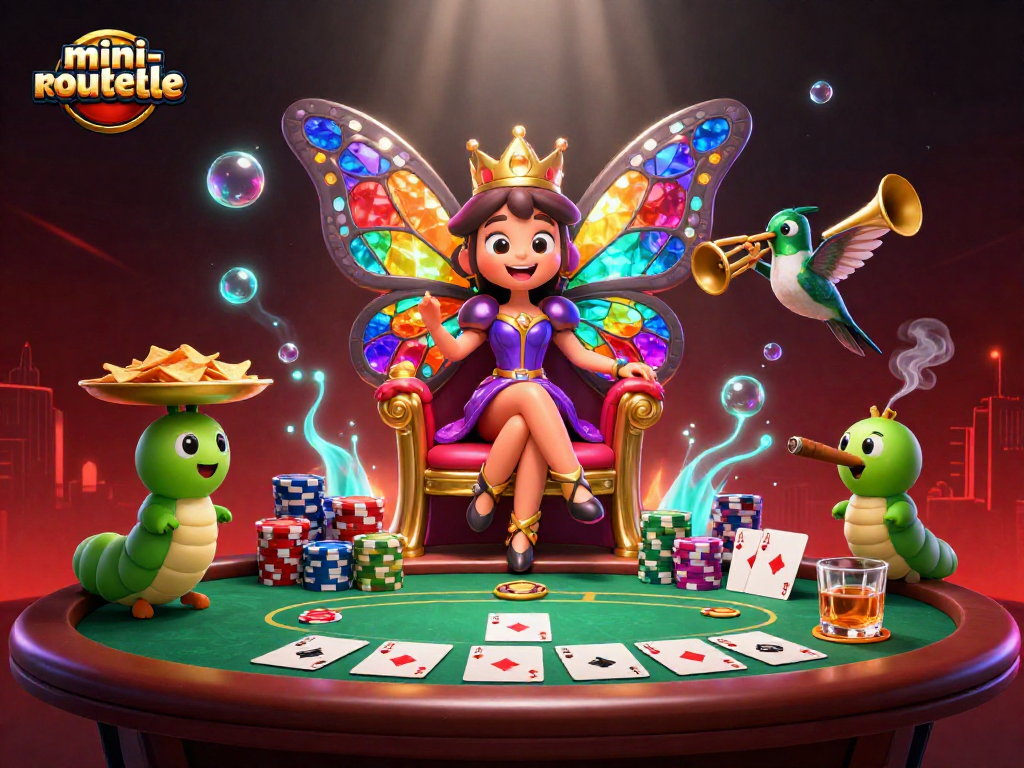 Experience the thrill of mini-roulette with a colorful 3D illustration of a butterfly queen and poker elements.