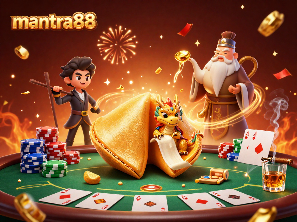 Experience the excitement of mantra88 with a giant fortune cookie, poker elements, and festive celebration!