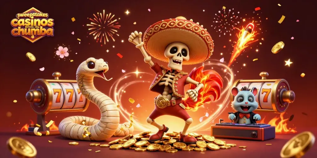 Experience the excitement of sweepstakes casinos like Chumba with vibrant characters and festive elements in this lively illustration.