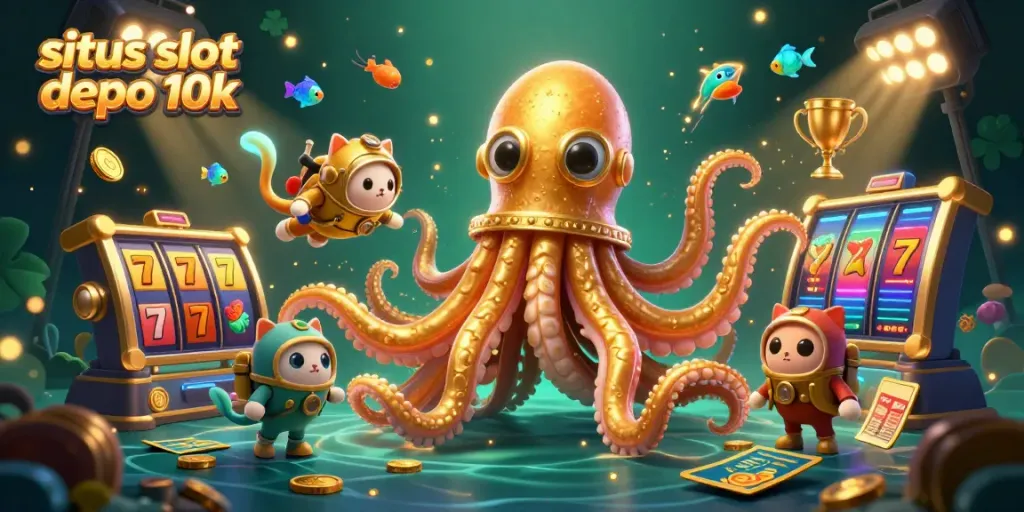 Experience the thrill of situs slot depo 10k with vibrant 3D casino elements, slot reels, and a diving cat.