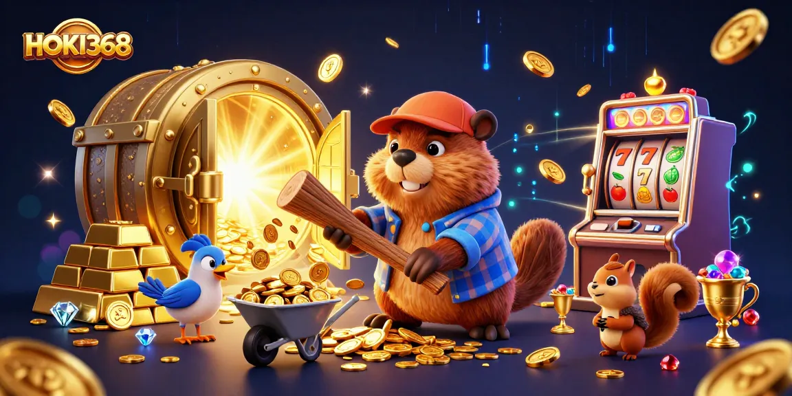 Experience HOKI368's vibrant casino scene with a playful beaver and treasure-filled slot machine.