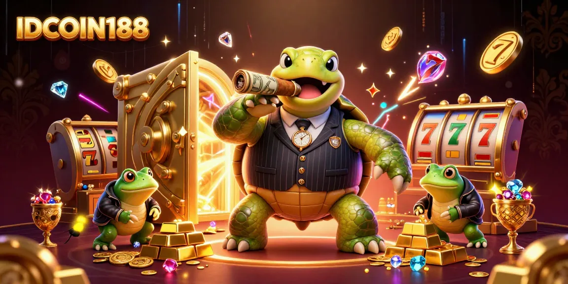 IDCOIN188 showcases a vibrant casino scene with a turtle mobster and bullfrogs amidst slot reels and treasures.