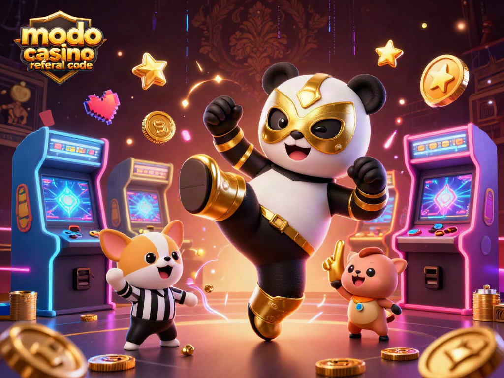Engage in Modo casino referral code thrills with 3D panda wrestling, surrounded by vibrant gaming elements.