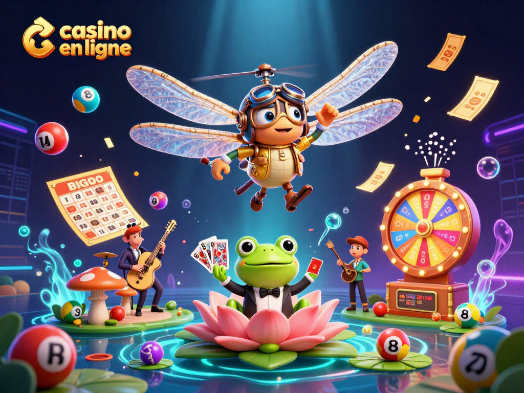Le casino en ligne animé où un pilote de libellule s'envole au-dessus d'un casino avec croupiers et musique jazz.